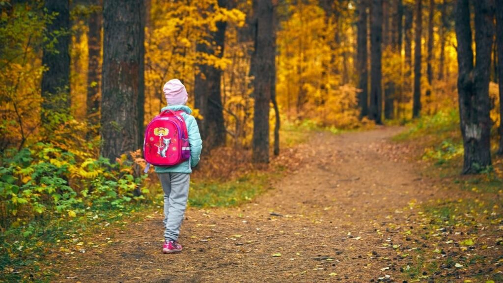 bambina che va all'avventura nel bosco