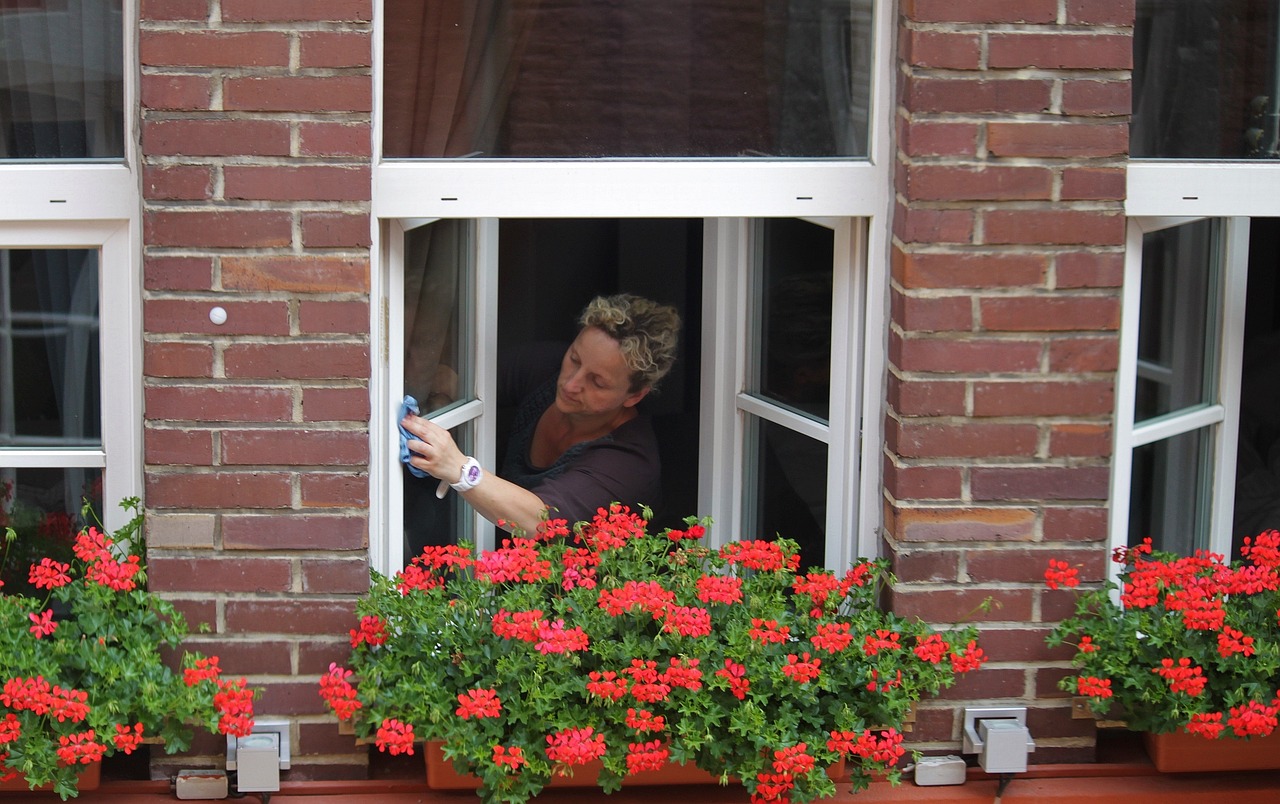 Donna che pulisce finestre